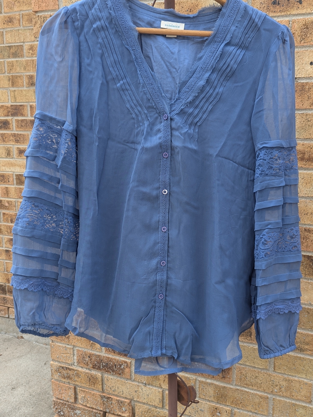 Sundance Blue Lace-Trim Sheer Button-Down Blouse Size Small